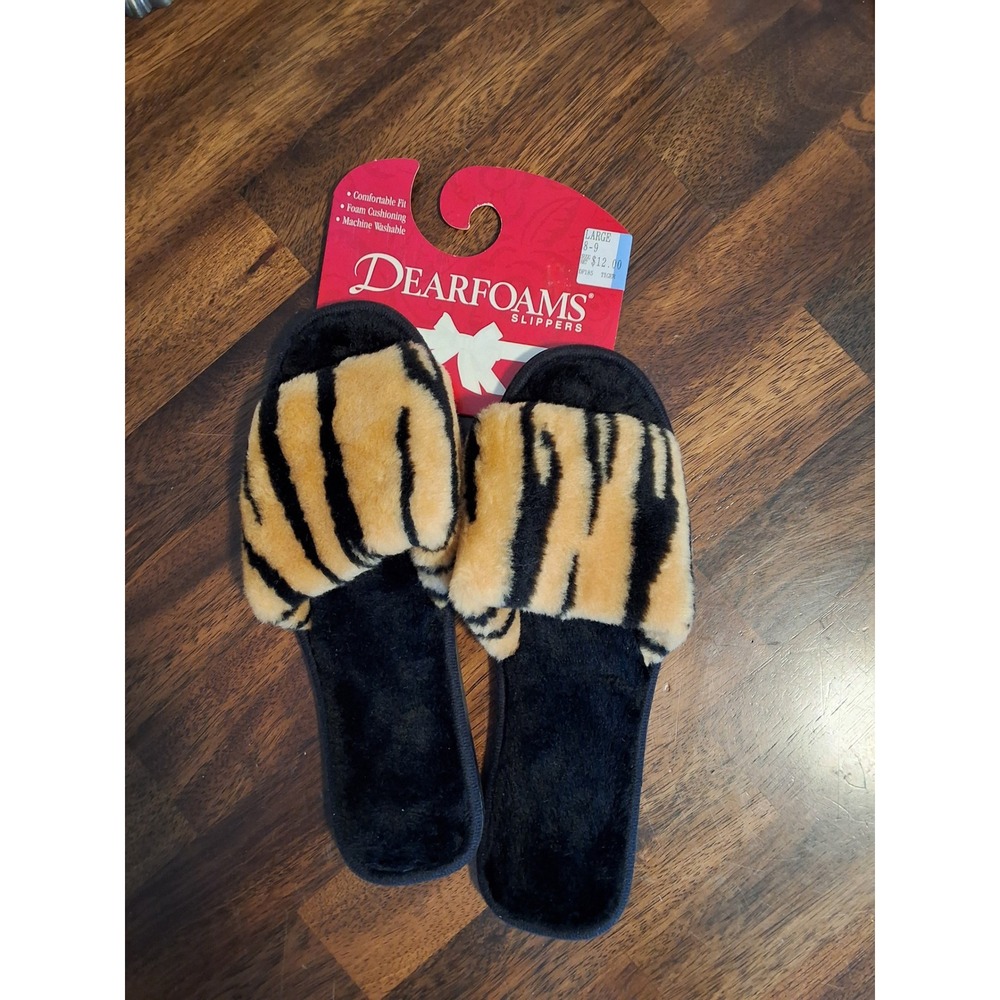 Dearfoams Tiger Stripe Faux Fur Slide Slippers Large 8-9 Vintage DF185 Black